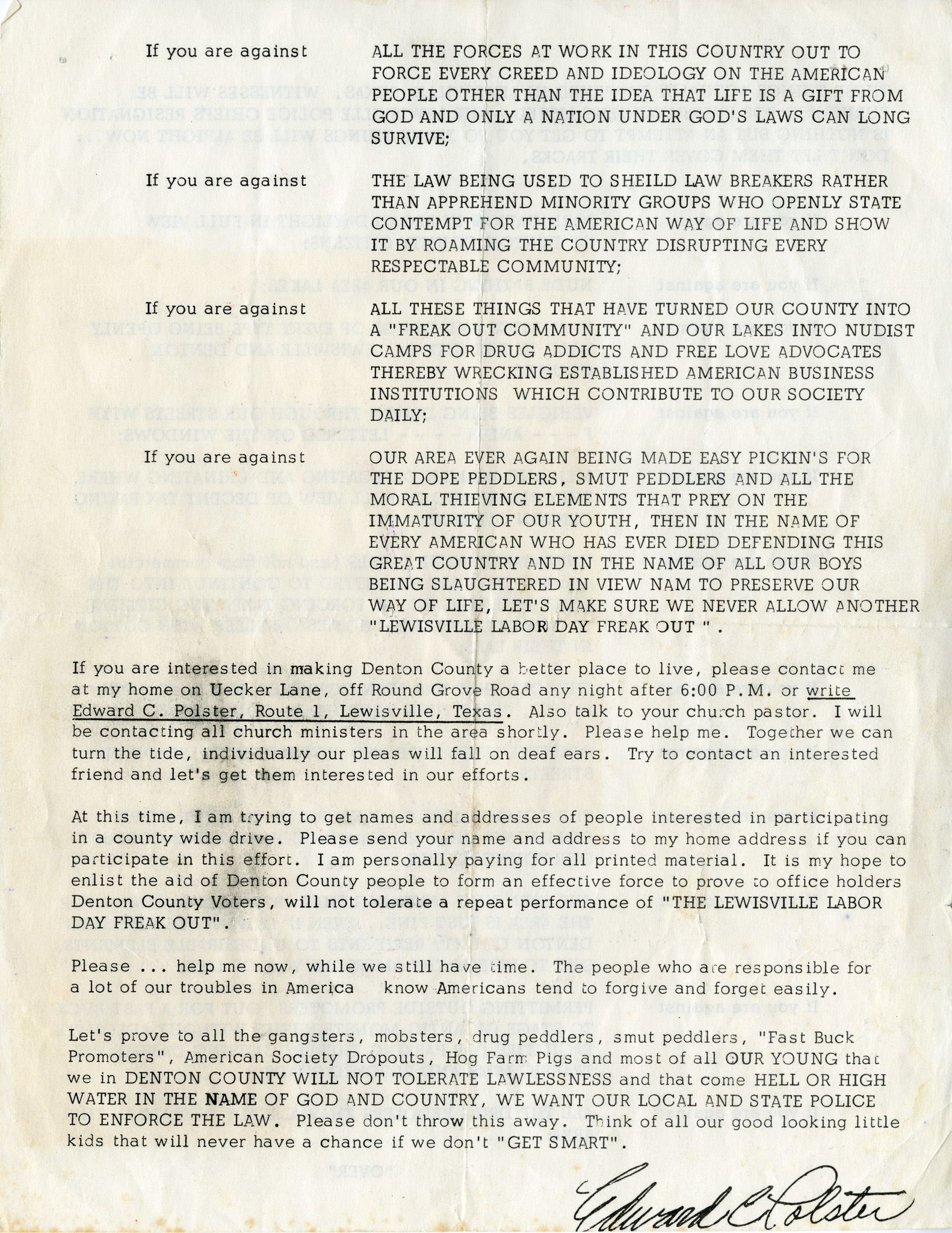 1969 Flier – Local Opposition to Pop Festival (back)