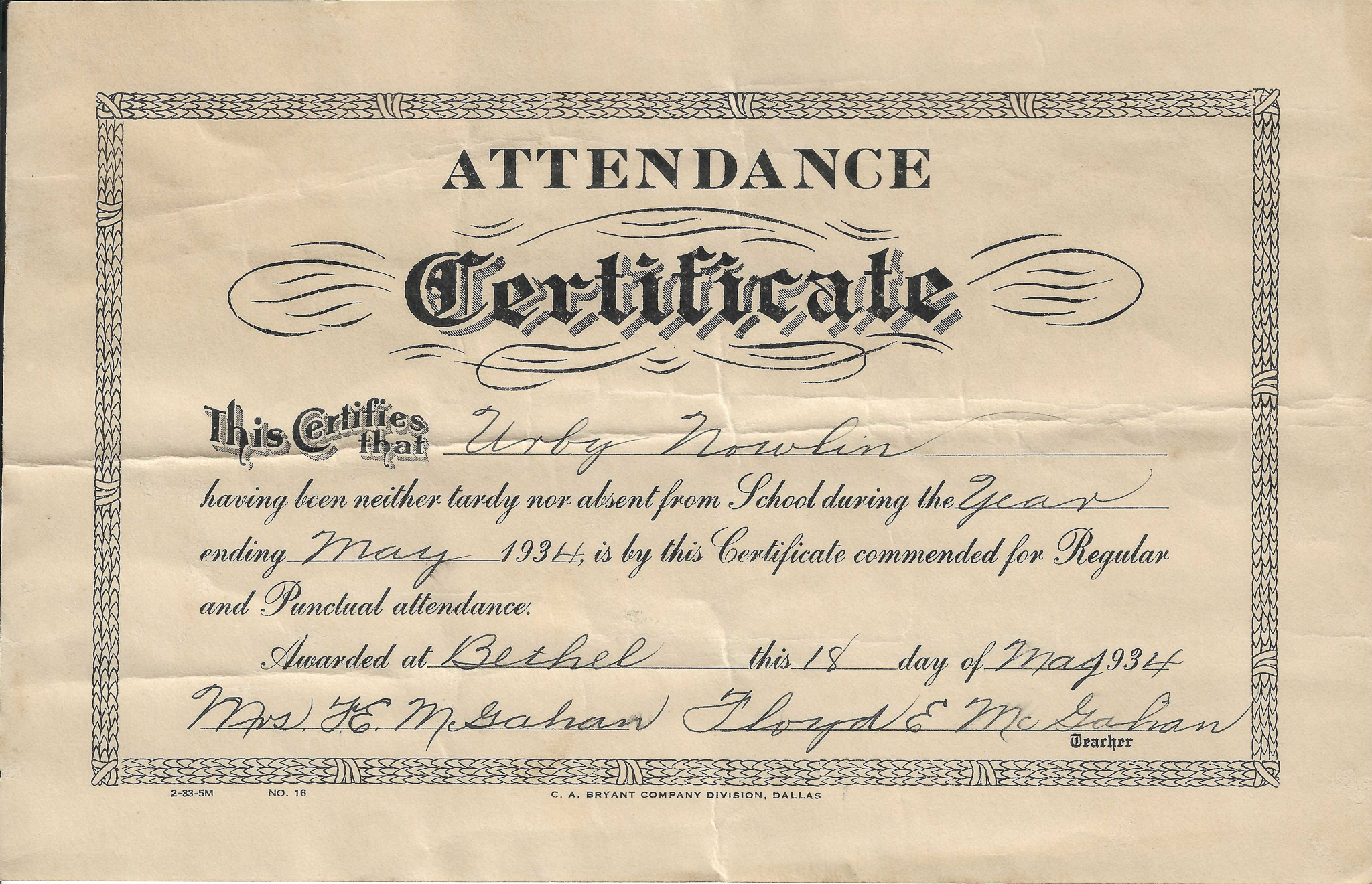 1934 Bethel School Attendance Certificate – Urby Nowlin