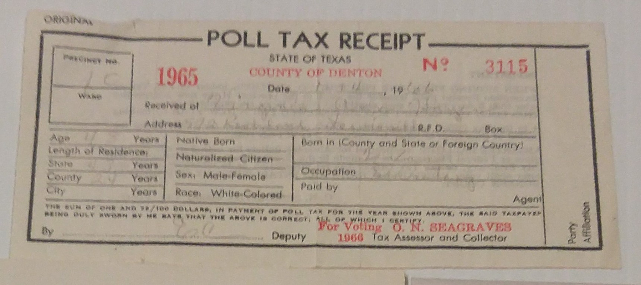 1965 Receipt – Denton County Poll Tax