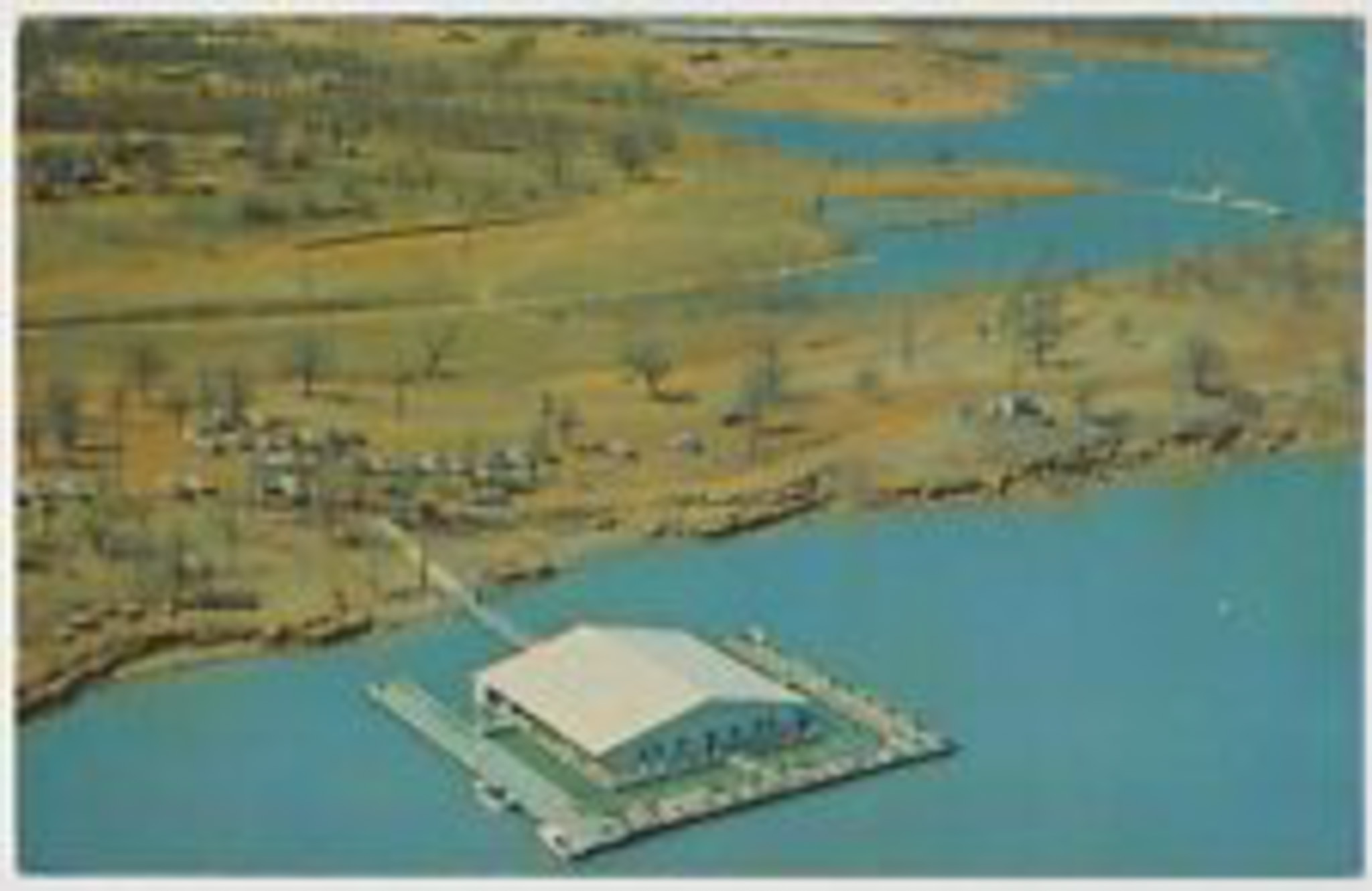 1960 Postcard – Lewisville Fishing Barge Exterior Aerial