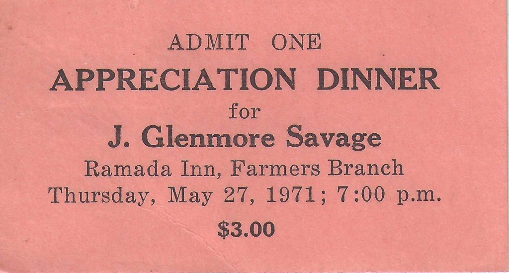 1971 ticket - Glenmore Savage Appreciation Dinner