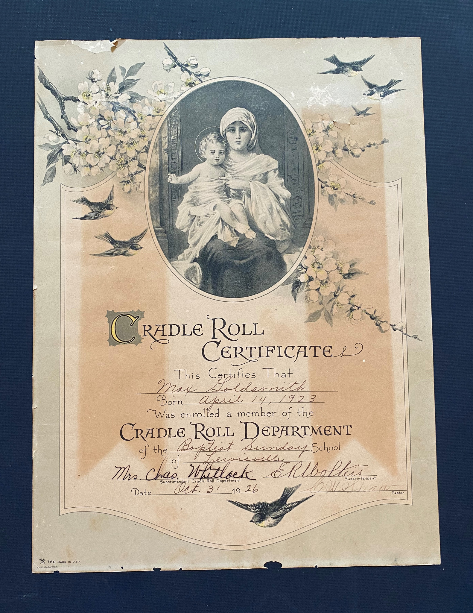 1923 Certificate – FBC Sunday School, Max Goldsmith