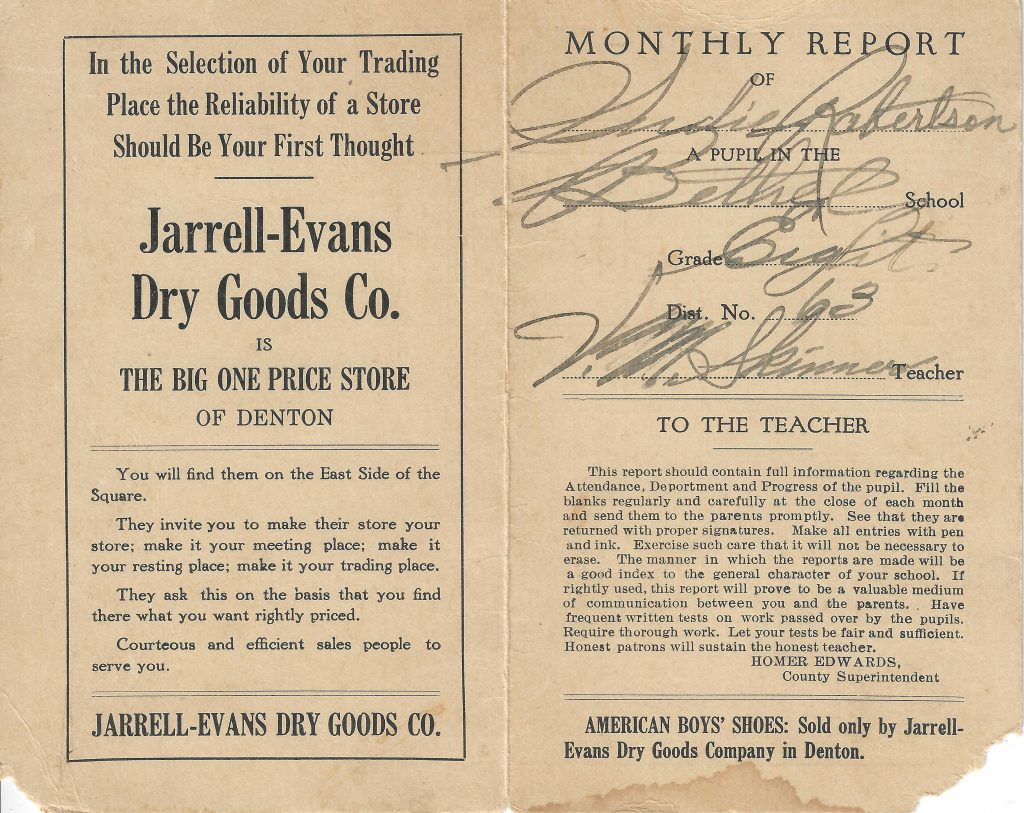 1923 Report Card – Bethel School, Sudie Robertson