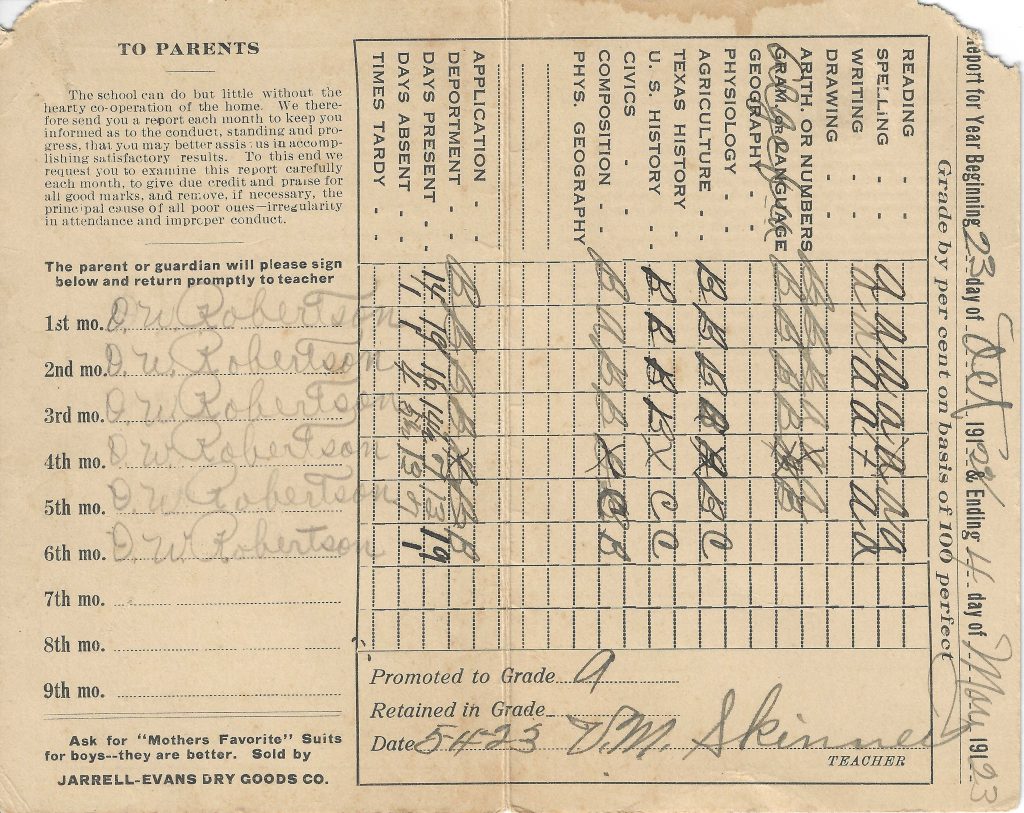 1923 Report Card – Bethel School, Sudie Robertson