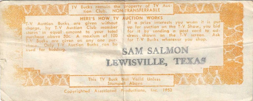 1950s Coupon - TV Auction Bucks, Sam Salmon Store