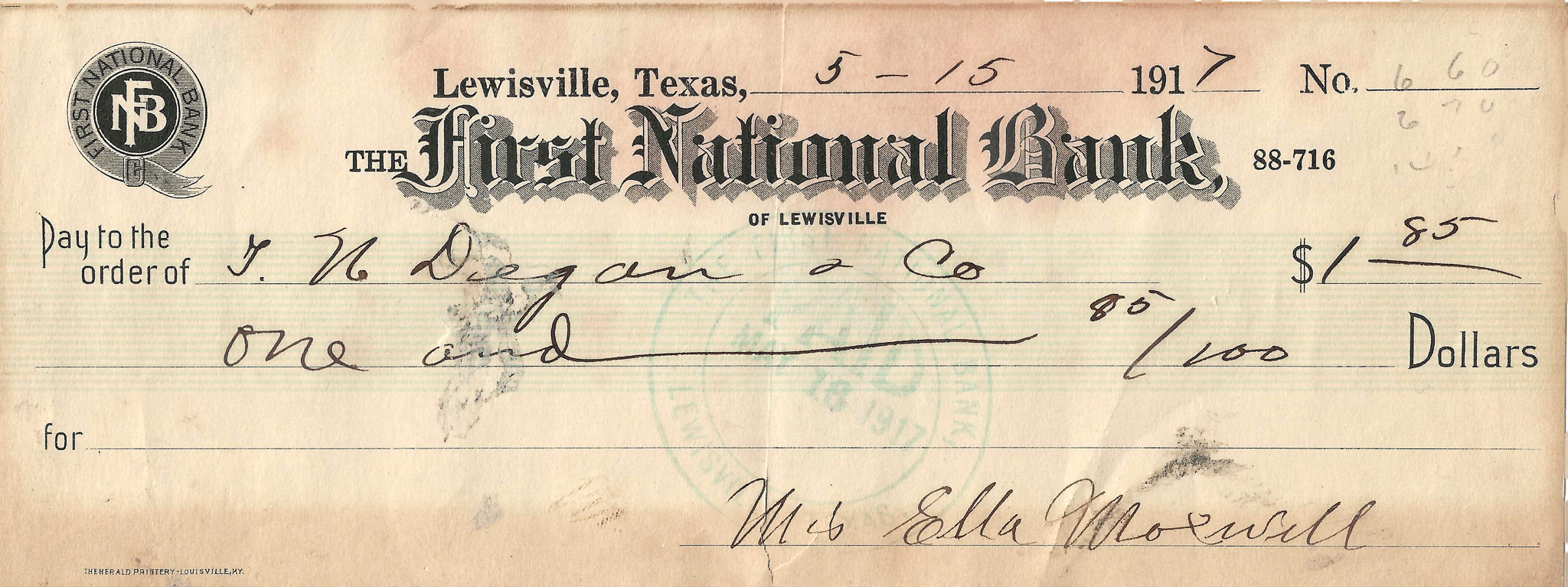 1917 – Check – Lewisville First National Bank